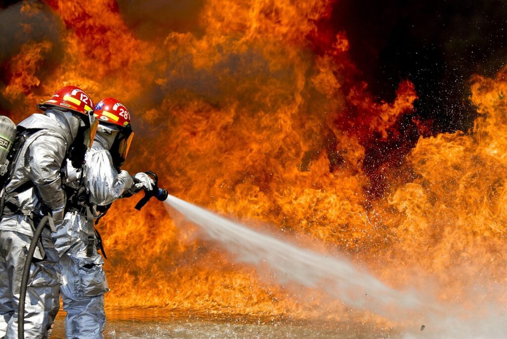 firefighters, fire, firefighting, nature, flames, water, hose, extinguishing